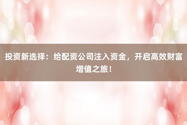 投资新选择：给配资公司注入资金，开启高效财富增值之旅！